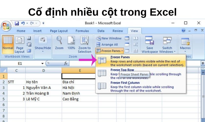 Cách để cố định nhiều cột trong Excel