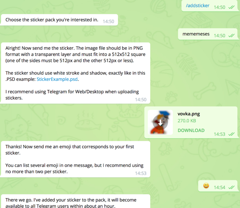 Ví dụ về các câu lệnh gửi thiết kế sticker riêng với bot Telegram