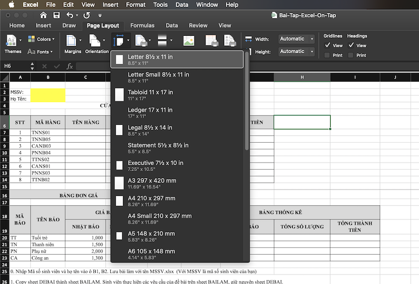 Thiết lập kích cỡ giấy in là A4 trên ứng dụng Excel
