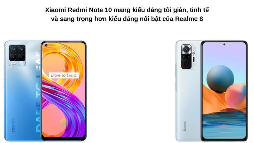So sánh về thiết kế: Redmi Note 10 tối giản tinh tế hơn, trong khi Realme 8 có phần hơi nổi bật