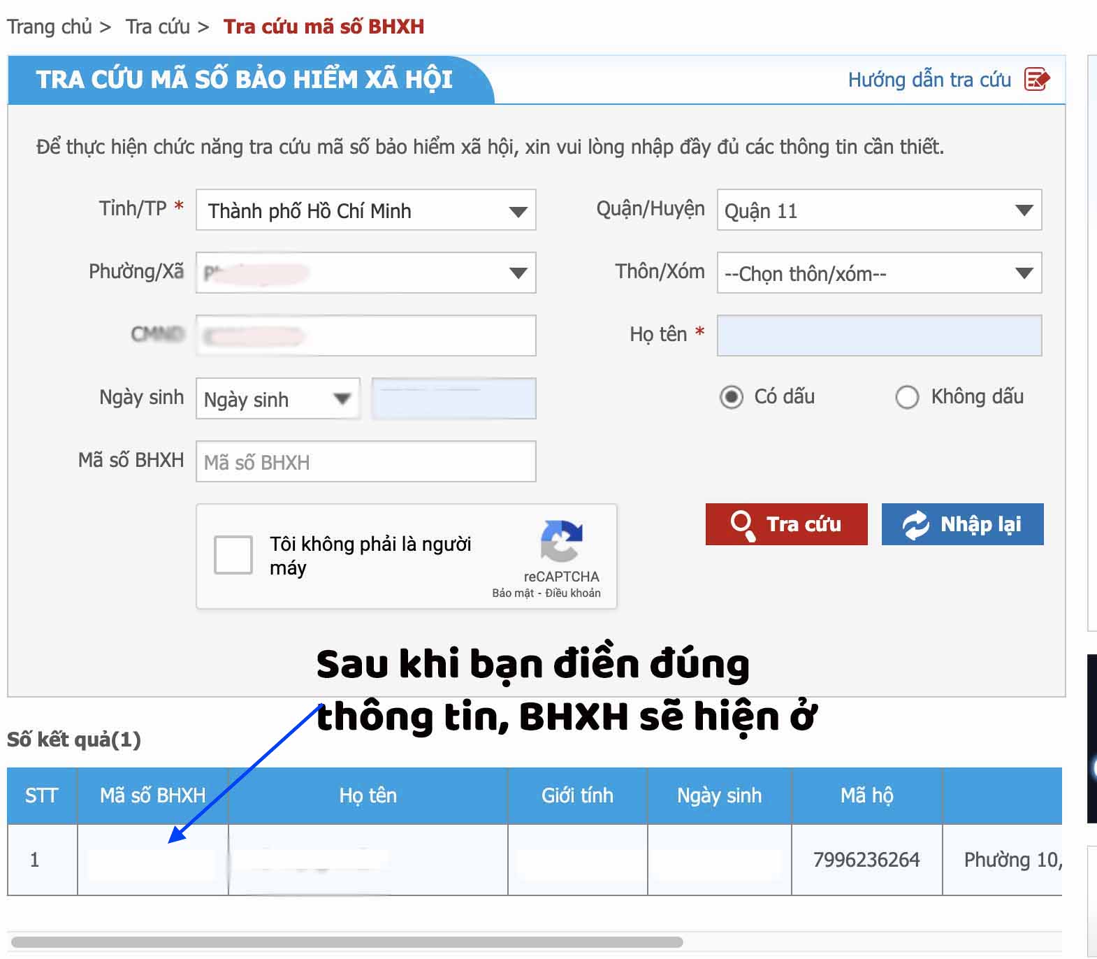 Giao diện sau khi điền xong thông tin, số BHXH của bạn nằm ở góc trái bên dưới baohiemxahoi.gov.vn