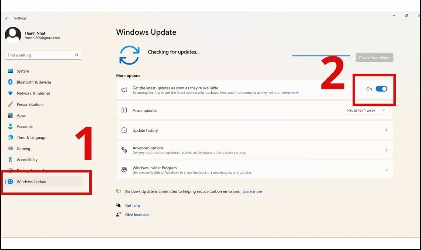 bấm on để update windows