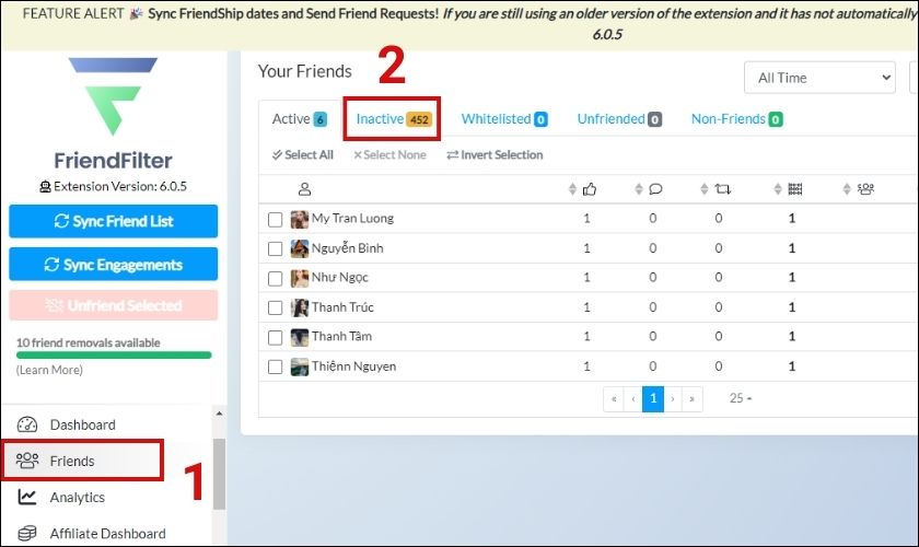 Nhấn vào mục Friends, chọn tiếp tục vào Inactive