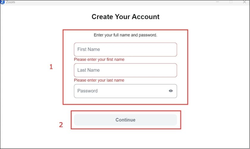 Điền các thông tin Họ và tên, mật khẩu cho tài khoản của bạn