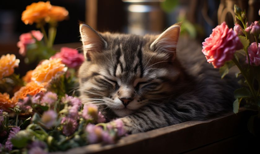 Hình nền máy tính mèo đang ngủ trong vườn hoa