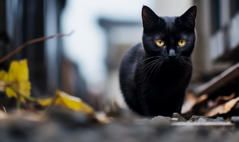 Hình mèo con màu đen đang đi trên đường