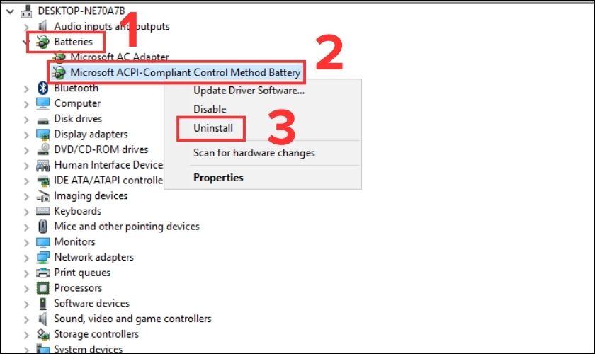 Click chuột phải vào Microsoft ACPI-Compliant Control Method Battery