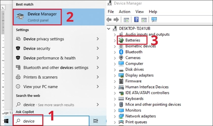 Truy cập thanh công cụ tìm và mở Device Manager